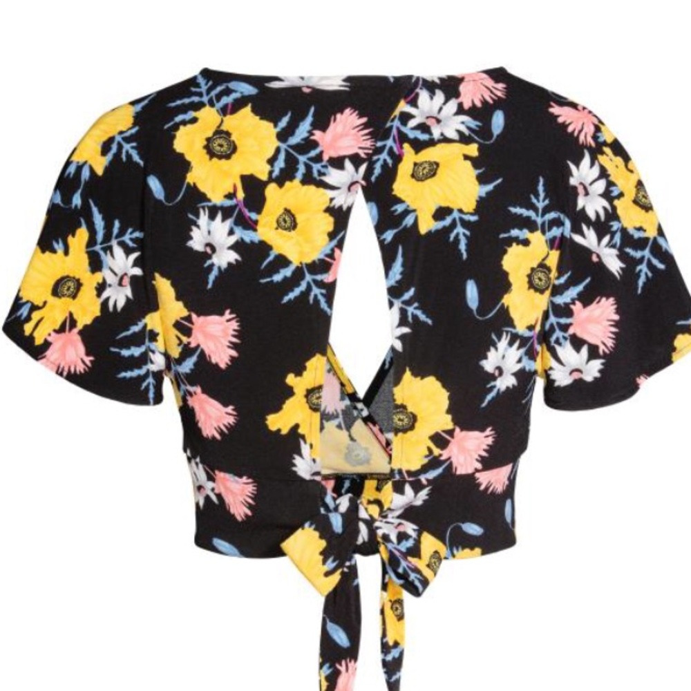 NWT H&M Black Yellow Floral V-neck Short Crop Top - Picture 4 of 5